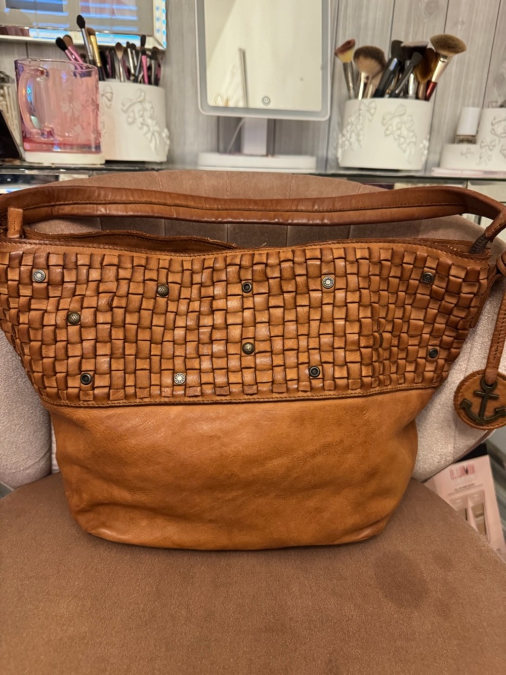 Harbour 2nd Woven Leather Tote Bag in Chestnut Brown